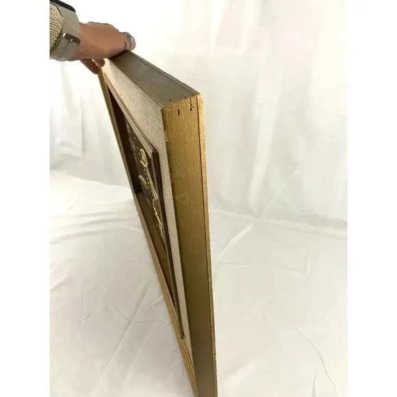 VTG Pheasant Bird Black Velvet Felt Beaded Rhinestones Art Wooden Frame MCM - Picture 11 of 16